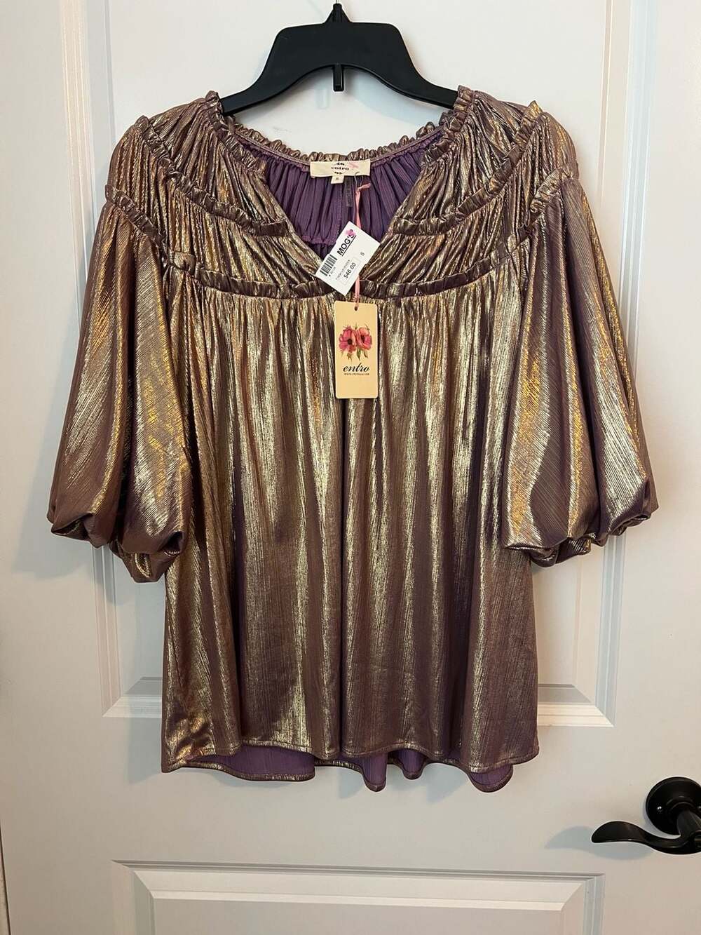Entro Metallic Pleated Shirred Puff Sleeve Top Lavender Size S